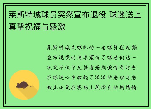 莱斯特城球员突然宣布退役 球迷送上真挚祝福与感激