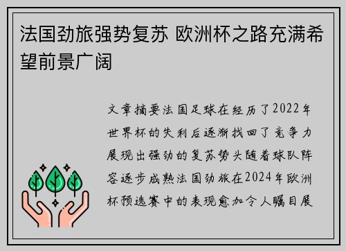 法国劲旅强势复苏 欧洲杯之路充满希望前景广阔