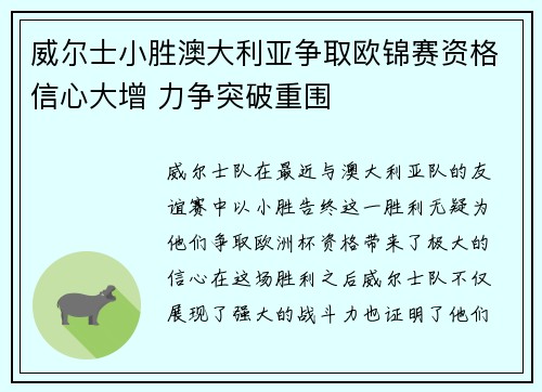 威尔士小胜澳大利亚争取欧锦赛资格信心大增 力争突破重围