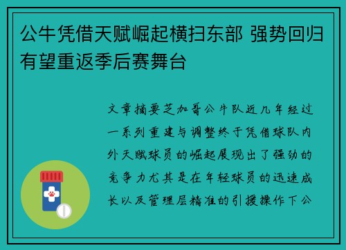 公牛凭借天赋崛起横扫东部 强势回归有望重返季后赛舞台