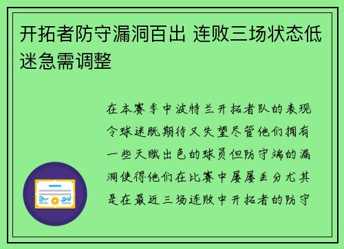 开拓者防守漏洞百出 连败三场状态低迷急需调整
