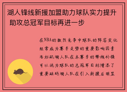 湖人锋线新援加盟助力球队实力提升 助攻总冠军目标再进一步